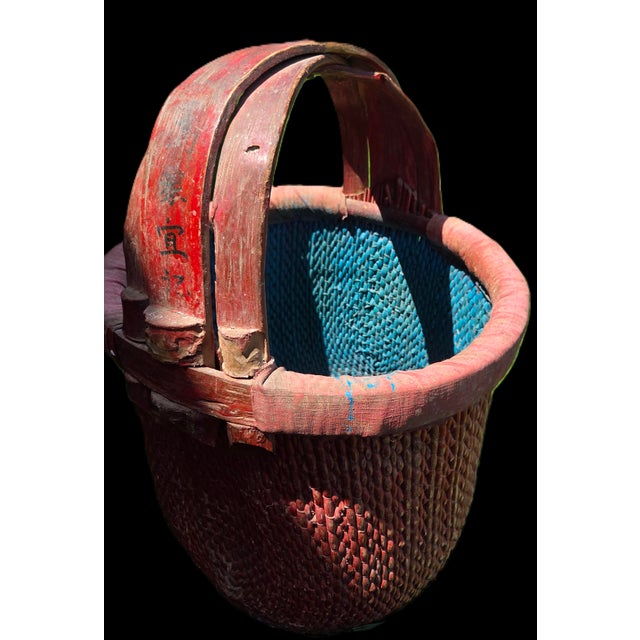 Ink Blue Late Qing Dynasty Hand Painted/Woven Chinese Fishers Basket For Sale - Image 8 of 18