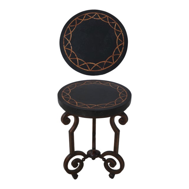Tessellated Marble Stone Top Iron Base Side Table For Sale