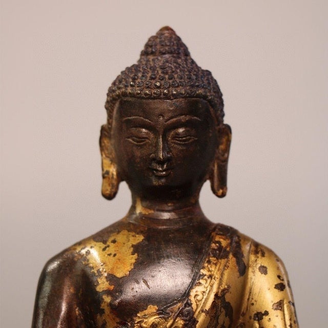 Arts & Crafts Vintage Gilt Patina Bronze Sakyamuni Buddha Seated Statue, Tibetan Buddhist Sculpture For Sale - Image 3 of 9