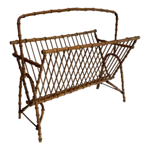 1950s Faux-Bamboo Rattan Magazine Rack