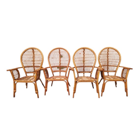 Mid-Century Modern 1970s Bamboo Rattan Peacock Dining Armchairs Attributed to Ficks Reed- Set of 4 For Sale - Image 3 of 6