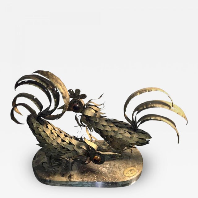 Mid-Century Modern Curtis Jeré brutalist Signed Curtist Jere 1967 Roosters on Marble Sculpture For Sale - Image 3 of 3