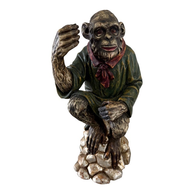 Vintage Italian Carved Polychrome Monkey Scholar Figure 23” Decorative Sculpture For Sale