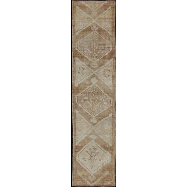 Vintage Turkish Oushak Runner Neutral and Warm Colors With Tribal Medallions For Sale - Image 13 of 13