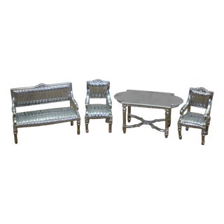 Antique Victorian Miniature Silver Dollhouse Furniture Settee Table Chairs 2" For Sale