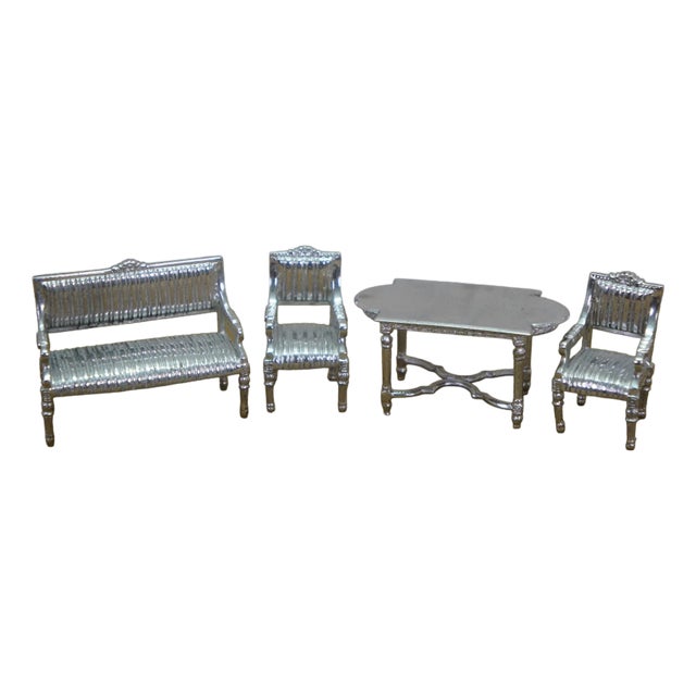 Antique Victorian Miniature Silver Dollhouse Furniture Settee Table Chairs 2" For Sale