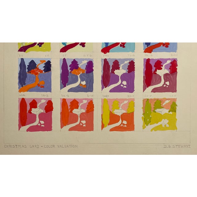 1960s "Christmas Card - Color Valuation" chart by art student D.G. Stewart of a cabin in a winter landscape. Combined...