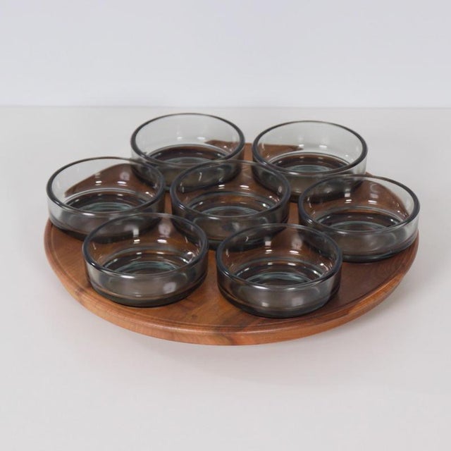 Vintage Teak Lazy Susan with Glass Bowls, 1960s, Set of 8 For Sale - Image 4 of 8