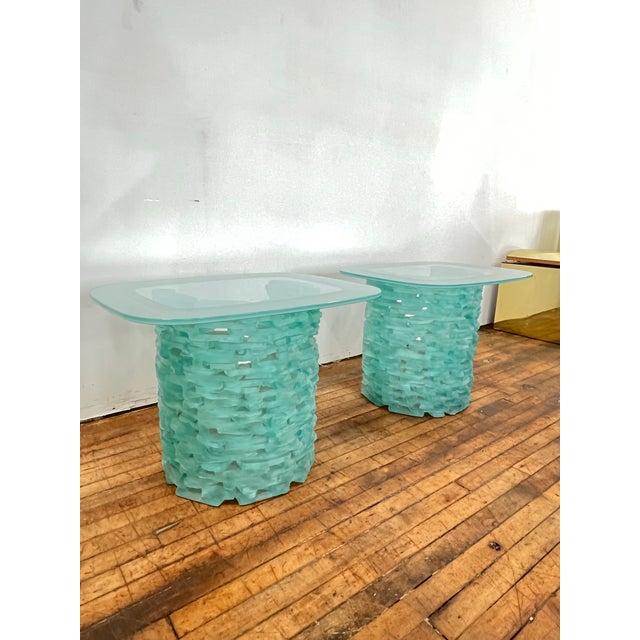 1980 Murano Style Stacked Glass Ice Block Side Tables - a Pair