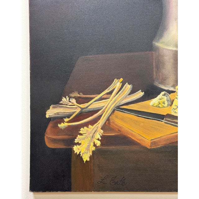 Still life painting on canvas of a tabletop with bread, cheese and beverage. Deep moody black background accentuates...