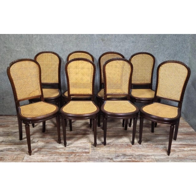 Louis XVI Style Cane Chairs in Mahogany, Set of 8 For Sale - Image 9 of 12