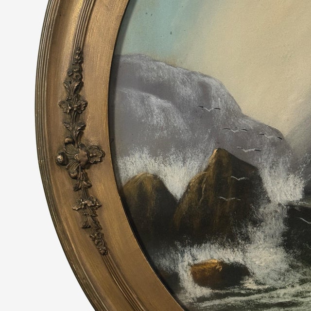 Nautical Antique Oval Romantic Stormy Seascape With Crashing Waves, Signed (Pastel on Paper) For Sale - Image 3 of 7