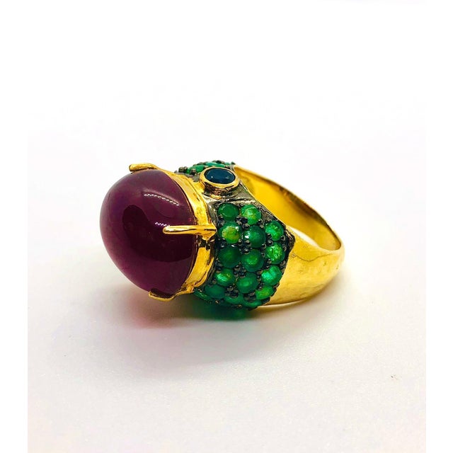 Bochic “Orient” Vintage Blue Sapphire, Ruby & Emerald Ring 18K Gold & Silver For Sale - Image 9 of 12