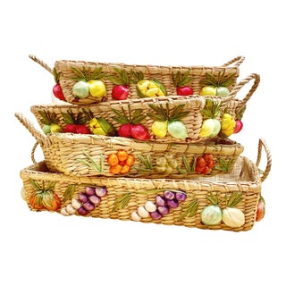 Midcentury Fruity Floral Woven Serving & Decor Baskets Set of 4 For Sale