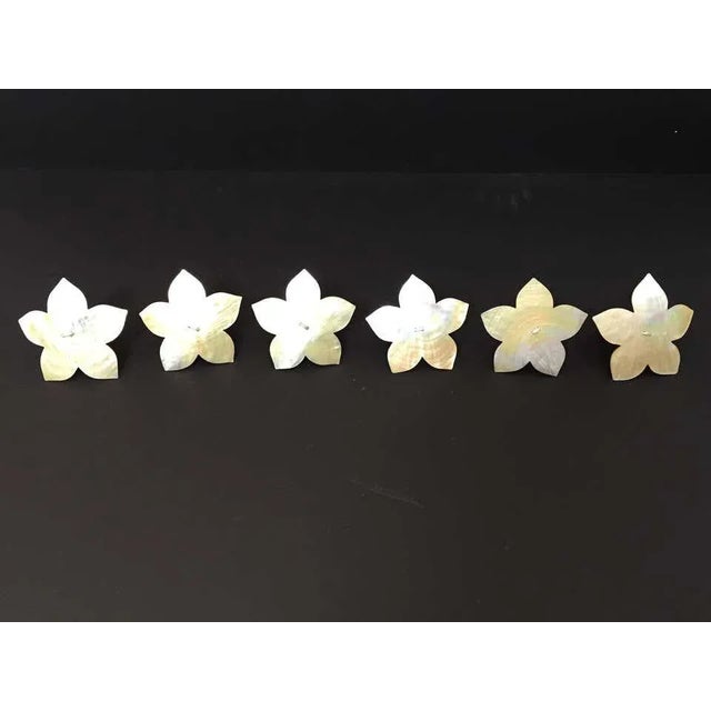 Boho Chic Handcrafted Napkin Rings in Natural Capiz Pearl Shell Flower Star Shape - Set of 6 For Sale - Image 3 of 11