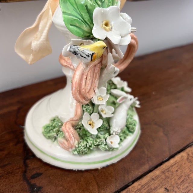 Green Charming 1980s Hand Crafted English Pottery Rabbit and Bird Candlestick Holders With Ribbon Detail - Set of 3 For Sale - Image 8 of 12