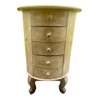 Vintage Rustic Carved Wood Drum Chest With 5 Drawers – Sculpted Scroll Legs (Nice) For Sale