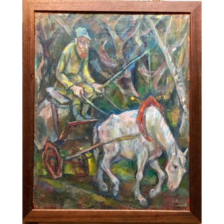 Emanuel Glicenstein Romano, Large Modernist Oil Painting 1940s, Judaica Hasidic Shtetl Wagon Driver WPA Era, c. 1940s For Sale