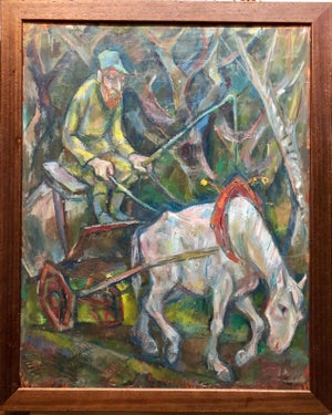 Emanuel Glicenstein Romano, Large Modernist Oil Painting 1940s, Judaica Hasidic Shtetl Wagon Driver WPA Era, c. 1940s