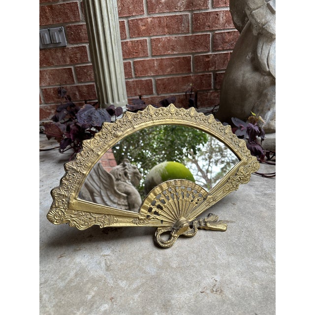 Antique Victorian Style Art Nouveau Brass Fan Vanity Mirror For Sale - Image 4 of 8