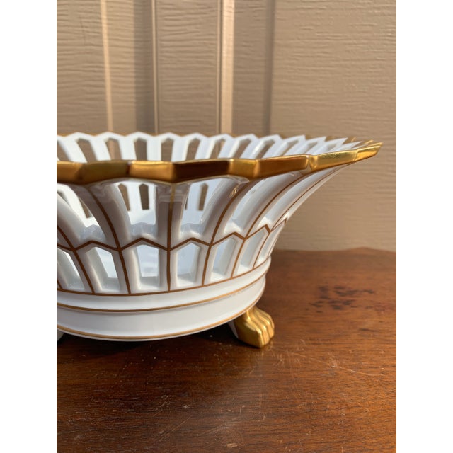 Ceramic Reticulated Porcelain Basket With Gilt Detail and Lion Paw Feet For Sale - Image 7 of 10