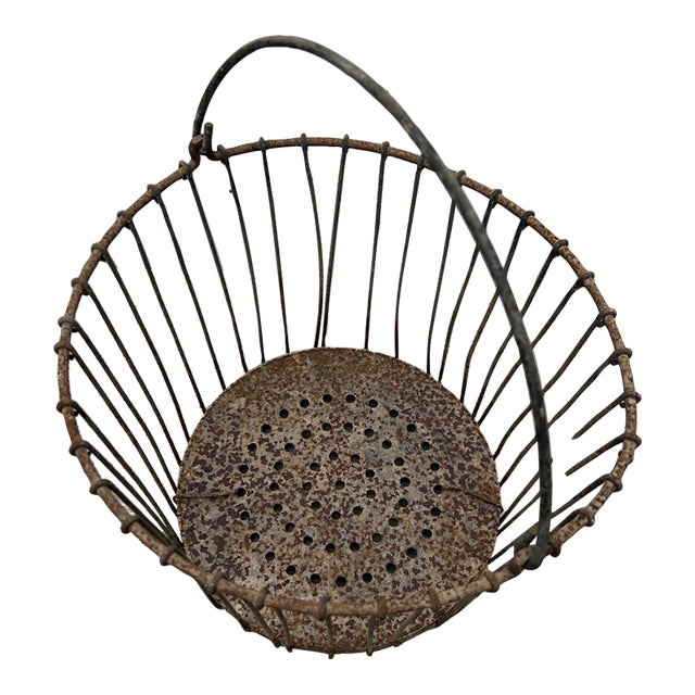 Vintage Rustic Metal Wire Egg Basket With Perforated Bottom For Sale