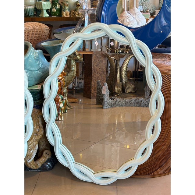 Vintage Pair Light Aqua Lacquered Palm Beach Scalloped Oval Wall Mirrors For Sale - Image 10 of 10