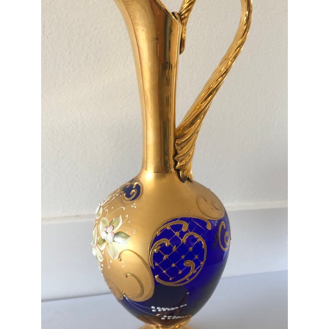 Murano Blue Glass and 24k Gold Leaf Decanter Set With Four Wine Glasses