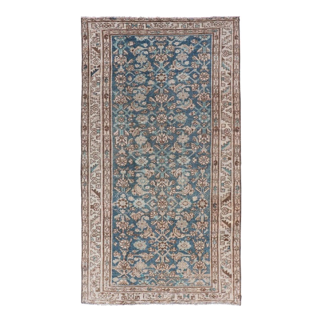 Hamedan Antique Persian Rug With Sub-Geometric Design in Blues and Neutrals For Sale