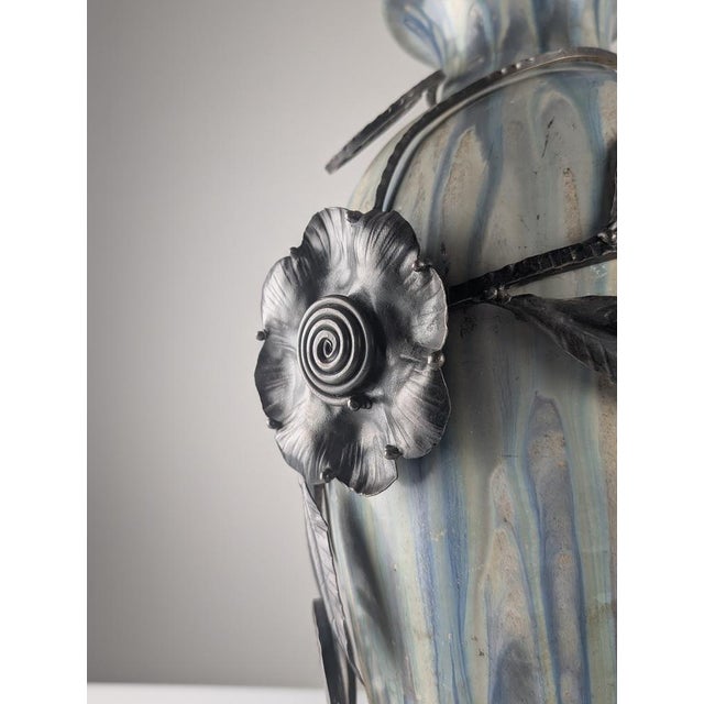 Belgian Art Deco Stoneware and Wrought Iron Vase by Roger Guerin, 1930 For Sale - Image 12 of 15