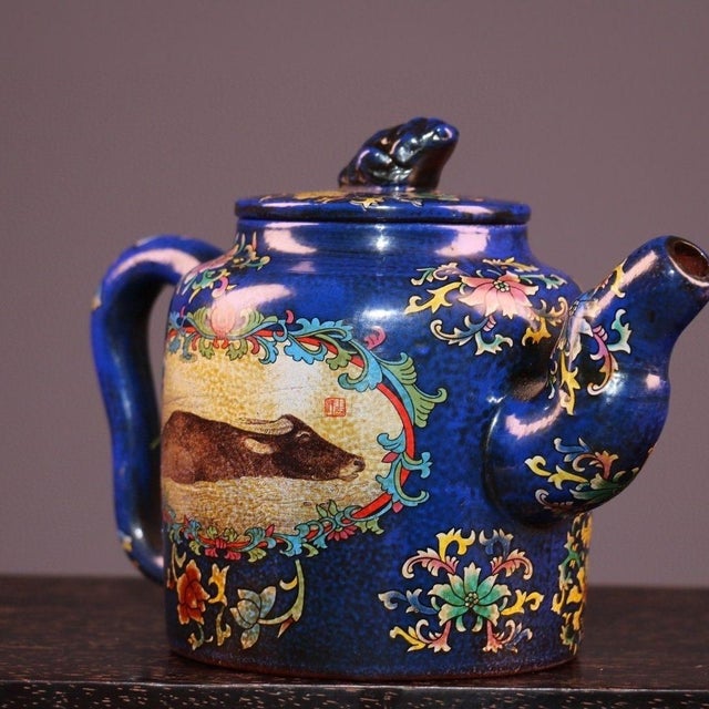 Mid 20th Century Vintage Yixing Zisha Teapot With Box – Painted Enamel Tiger & Buffalo Motif For Sale - Image 5 of 9