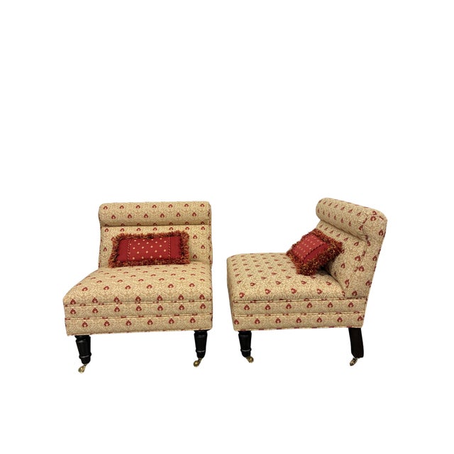 Pair of Petite Traditional Floral Upholstered Slipper Chairs With Brass Casters & Pillows For Sale - Image 4 of 8