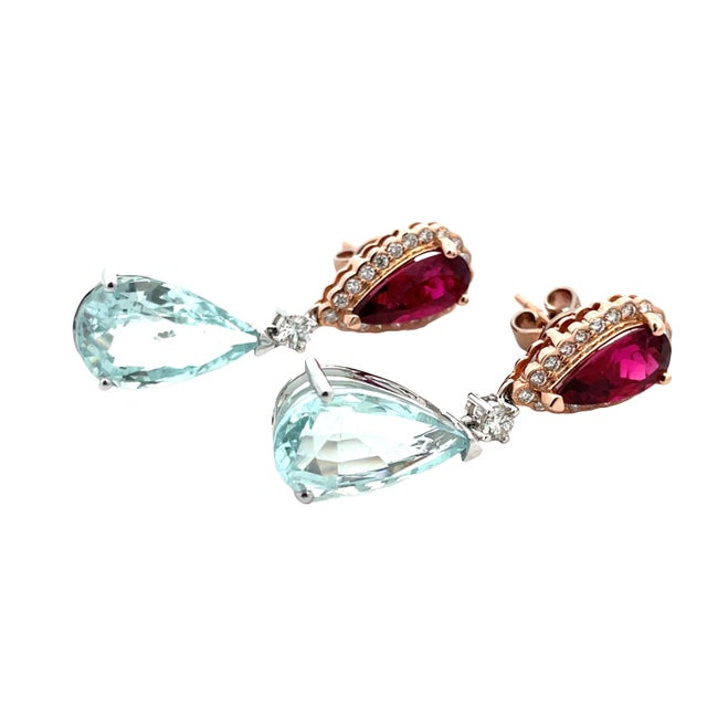 18k Gold Dangle Earrings With Aquamarine Rubellite and Diamonds, A Pair For Sale - Image 9 of 14