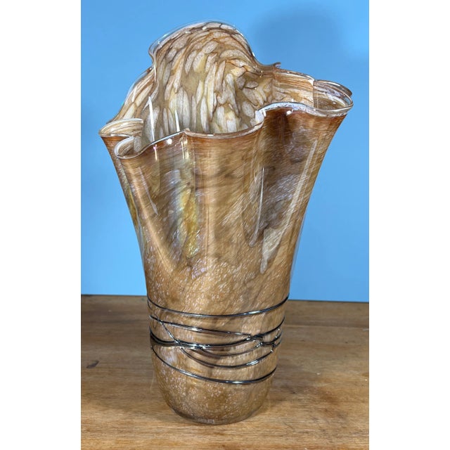 Early 21st Century Iridescent Art Glass Gold Tan Handkerchief Vase For Sale - Image 5 of 12