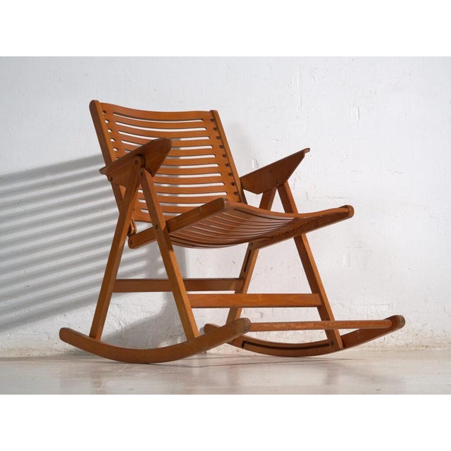 Antique folding rex rocking chair by niko kralj, in steam-bent beech and slatted plywood, with seat and backrest of flat...
