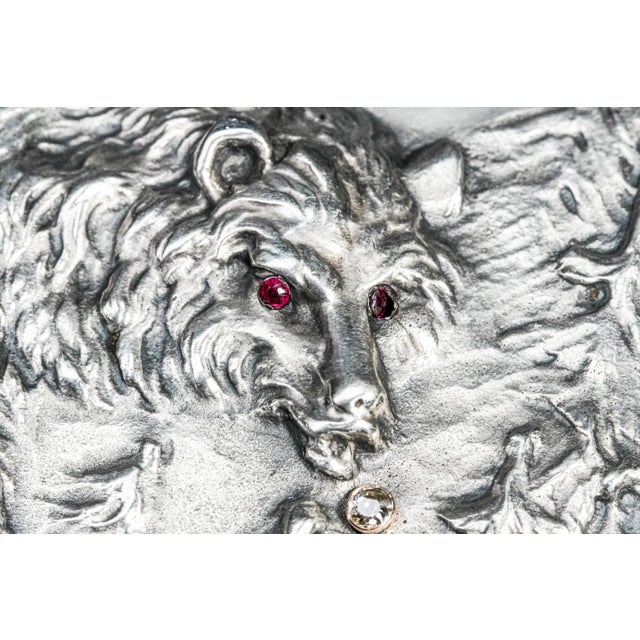 Exceptional Art Nouveau Antique Cigarette Case 875 Sterling Silver Bear Design Ruby Eyes Diamond Accent For Sale In New York - Image 6 of 18