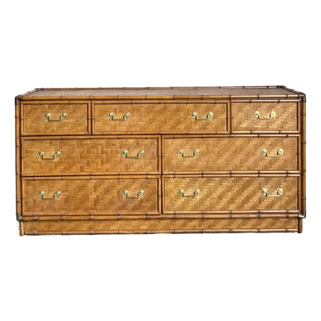 Vintage Boho Dixie Parquet Rattan Dresser For Sale