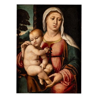 Domenico Capriolo, Virgin and Child in a Landscape, 1500s, Oil on Panel For Sale