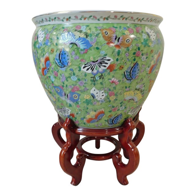 Large Vintage Chinese Porcelain Butterfly Fish Bowl Planter Pot With Pedestal Stand Chairish