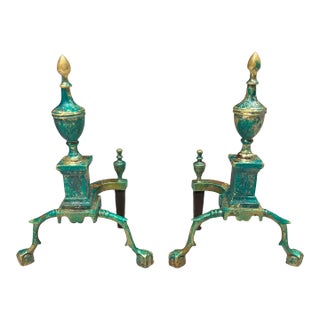 Pair of Federal Style Urn Finial Andirons in Patinated Brass From Virginia Metalcrafters For Sale