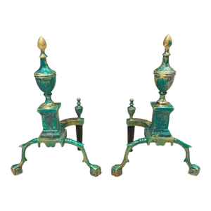 Pair of Federal Style Urn Finial Andirons in Patinated Brass From Virginia Metalcrafters