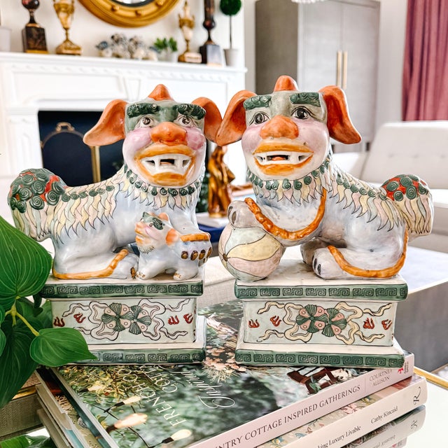 Mid 20th Century Chinese Famille Verte Style Glazed Ceramic Foo Dogs - A Pair For Sale - Image 10 of 10