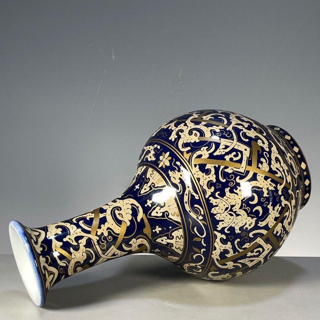 Blue Vintage Chinese Blue Ground Gilt Dragon Vase With Old Museum Label For Sale - Image 8 of 9