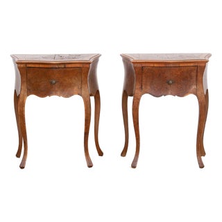Pair of Mid Century Burr Walnut Italian Nightstands For Sale