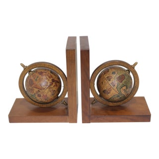 Vintage Bookends With Turning Globes With Antique Maps - the Pair For Sale