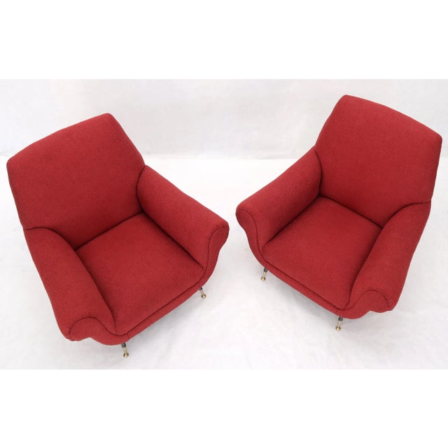 Metal Pair of Red Upholstery Italian Lounge Chairs Brass Feet For Sale - Image 7 of 13