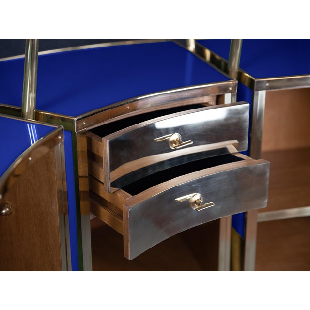 Wood Italian Curved Cocktail Bar in Blue Murano Glass and Brass from Justfurnituress SRL For Sale - Image 7 of 10