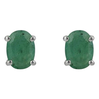 Solid Silver Oval Cut Emerald May Birthstone Solitaire Stud Earrings, a Pair For Sale