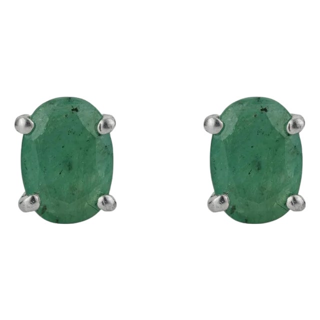Solid Silver Oval Cut Emerald May Birthstone Solitaire Stud Earrings, a Pair For Sale