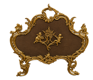 Large Gilt Bronze Fireplace Screen with Putti and Openwork Rocaille Decor